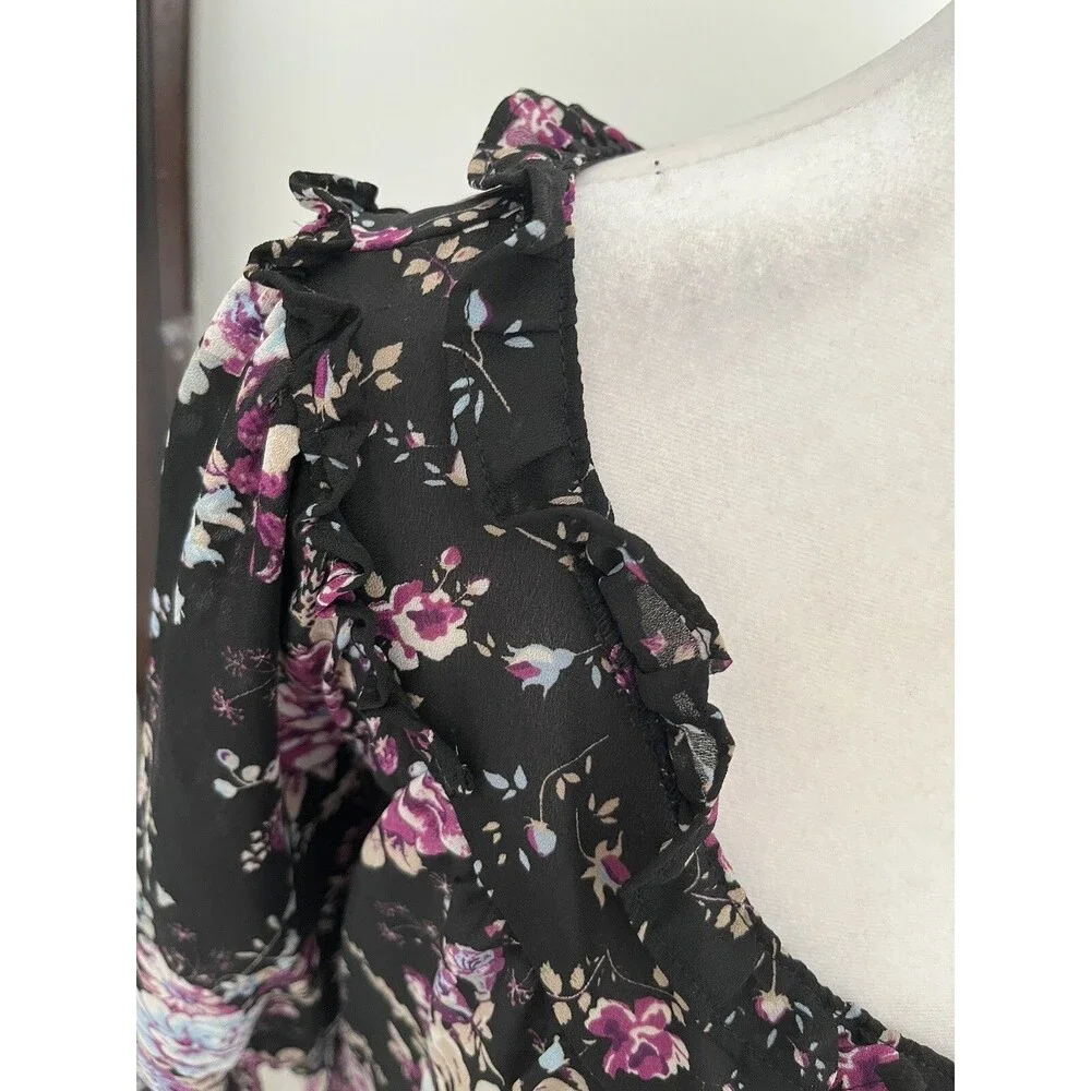 Woman Within Blouse 1X Floral Peasant Top Ruffle Neck Chiffon Boho Tunic sheer